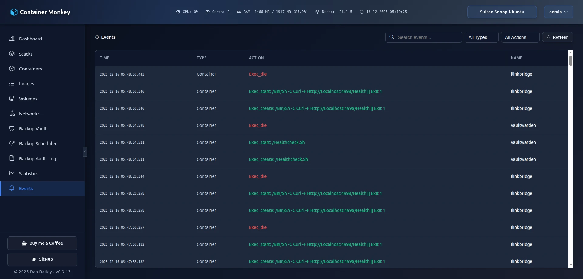 Container Monkey events interface